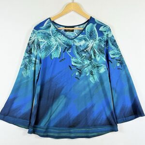 Bob Mackie Wearable Art Blue Floral 3/4 Flare Sleeve‎ Shirt Top Women's Small